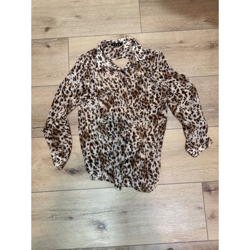 Itro Women Leopard Animal Print Cutout Back Button Down Blouse Tan Brown L/S